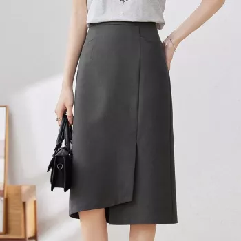 Grey Pencil Midi Skirt with Irregular Slit & Pockets